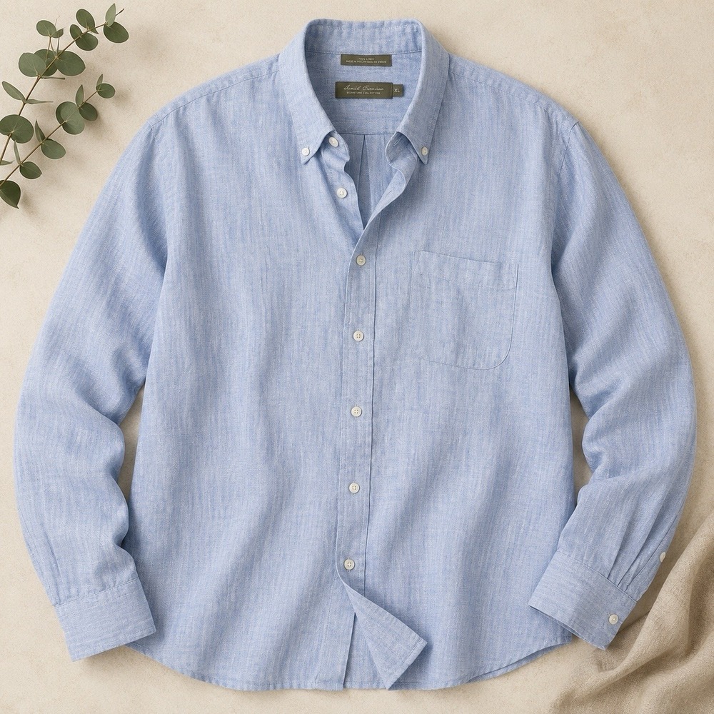 Daniel Cremieux Signature 100% Linen Blue Herringbone Button Shirt XL  Coastal